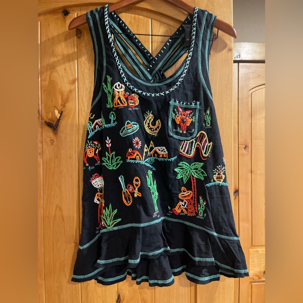 Double D Ranch Black Tank with Colorful Southwestern Embroidery